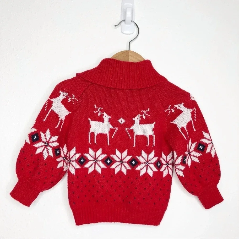 Janie and Jack fair isle sweater red and white reindeer‎ mock neck 12-18 months